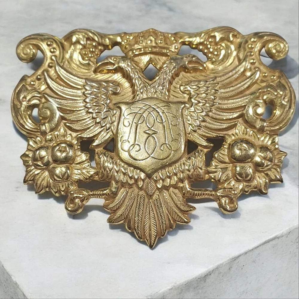 MIRIAM HASKELL Vintage Russian Coat Of Arms Crest Phoenix Eagle Brooch